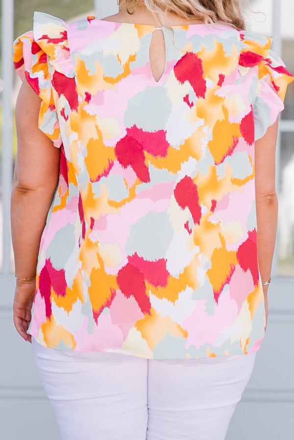 Chic Soul plus size clothing, pink orange and blue abstract pattern top with ruffle short sleeves and v neckline