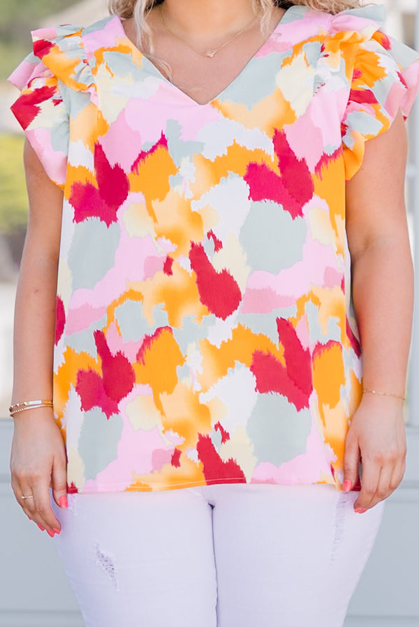 Chic Soul plus size clothing, pink orange and blue abstract pattern top with ruffle short sleeves and v neckline