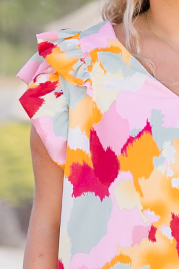 Chic Soul plus size clothing, pink orange and blue abstract pattern top with ruffle short sleeves and v neckline