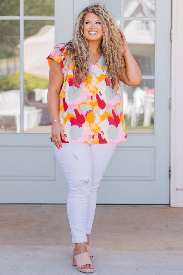 Chic Soul plus size clothing, pink orange and blue abstract pattern top with ruffle short sleeves and v neckline