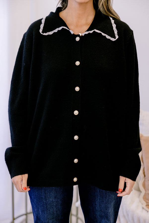 Chic Soul plus size clothing, black long sleeve cardigan with black collar and white scallop trim and seven white buttons down the front