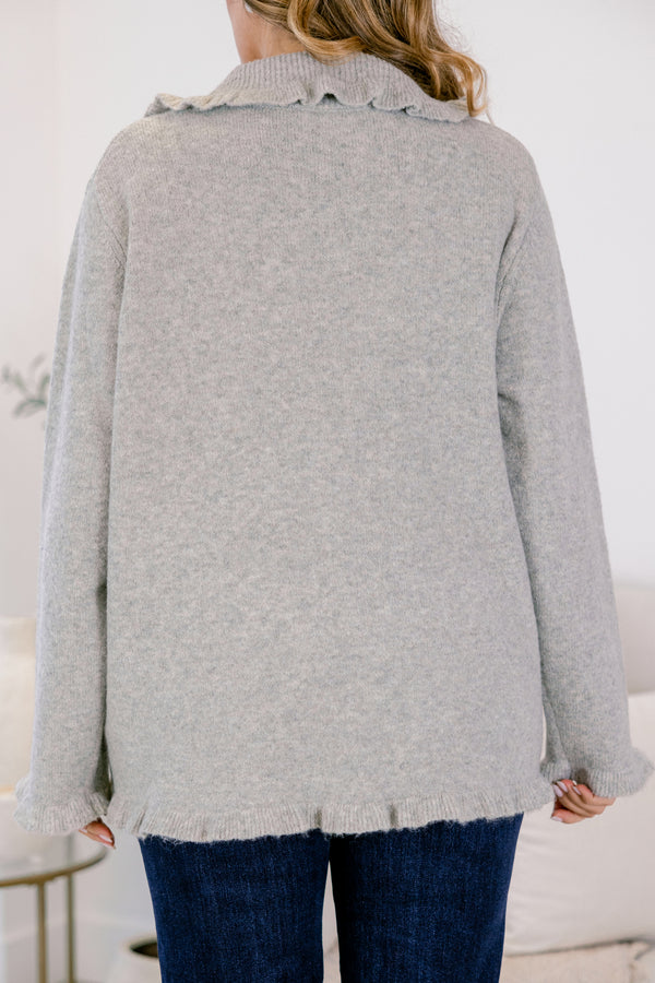 Chic Soul plus size clothing, gray long sleeve fleece button up cardigan with peter pan collar and ruffle detailing on the hem and collar