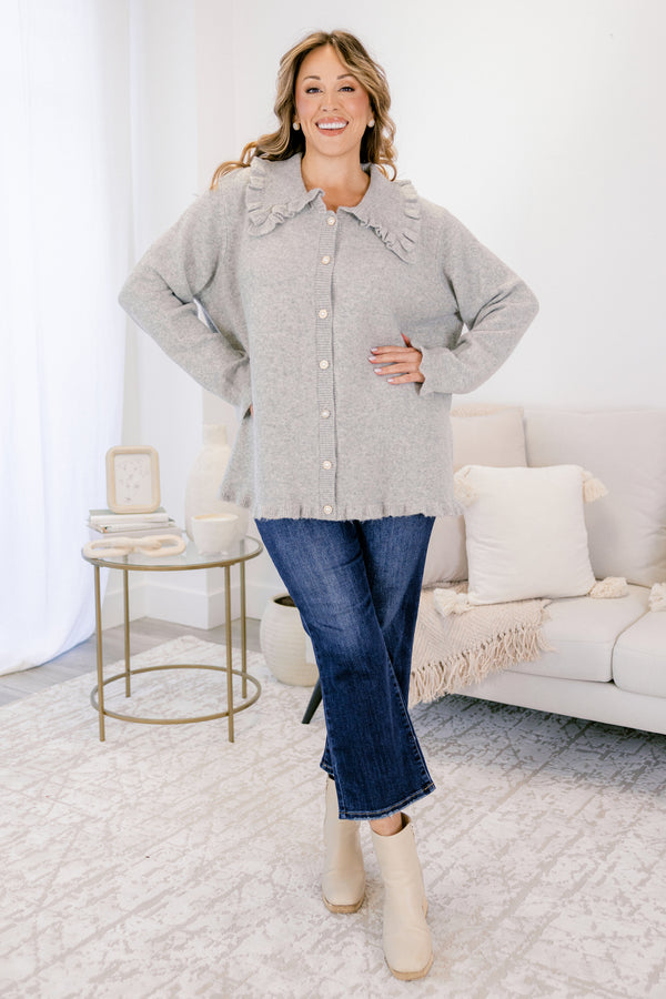 Chic Soul plus size clothing, gray long sleeve fleece button up cardigan with peter pan collar and ruffle detailing on the hem and collar