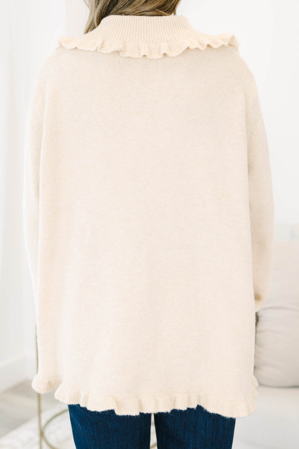 Chic Soul plus size clothing, off-white button up long sleeve cardigan with oversized collar and ruffle detailing on sleeves, hem, and collar