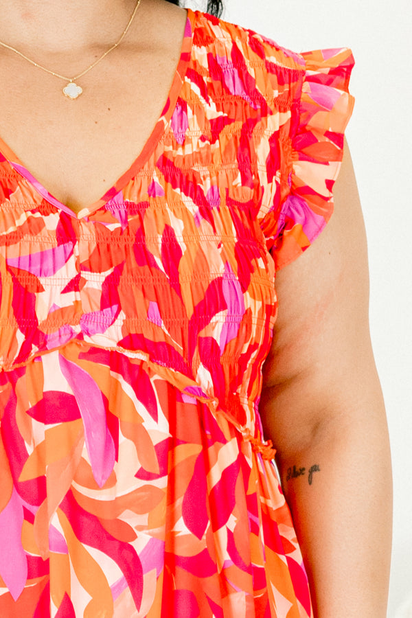Chic Soul plus size clothing, fuchsia babydoll dress with a colorful leafy pattern and flutter sleeves  