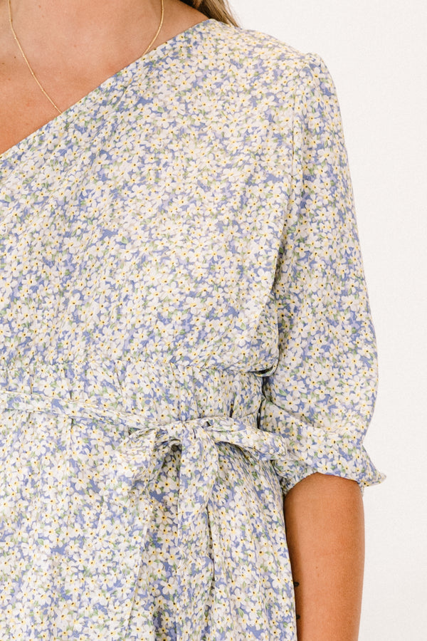 Chic Soul plus size clothing, blue floral pattern one shoulder dress with ruffle hemline