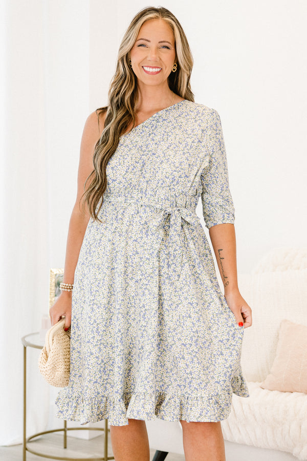 Chic Soul plus size clothing, blue floral pattern one shoulder dress with ruffle hemline
