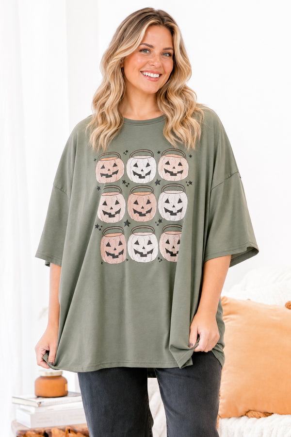 Chic Soul plus size clothing, moss green short sleeve boyfriend tee with 9 multi orange colored jack o' lantern trick or treat buckets on the front