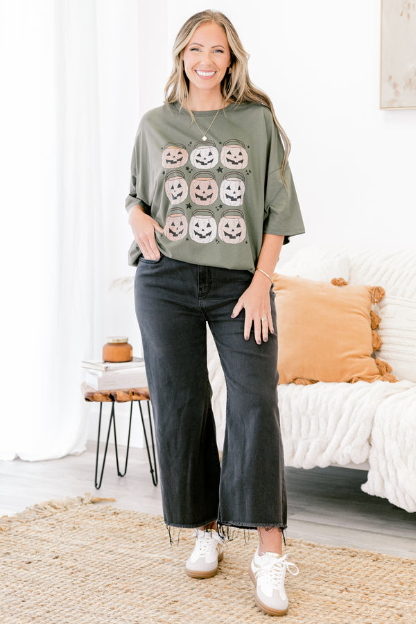 Chic Soul plus size clothing, moss green short sleeve boyfriend tee with 9 multi orange colored jack o' lantern trick or treat buckets on the front