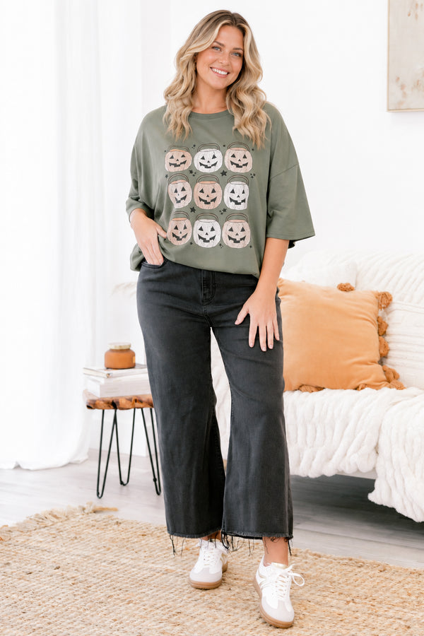 Chic Soul plus size clothing, moss green short sleeve boyfriend tee with 9 multi orange colored jack o' lantern trick or treat buckets on the front