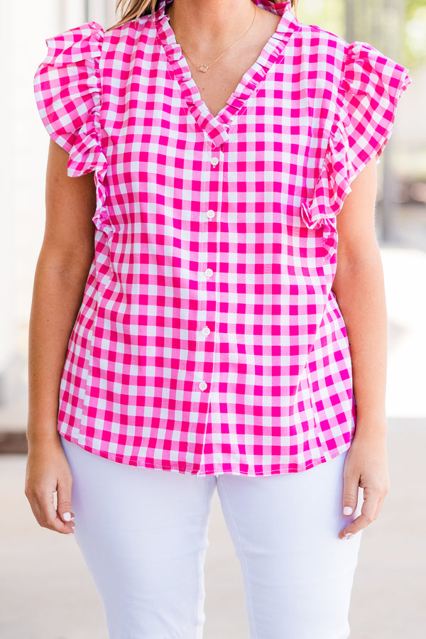 Chic Soul plus size clothing, pink and white plaid top with v-neckline and ruffled sleeves with white button details 