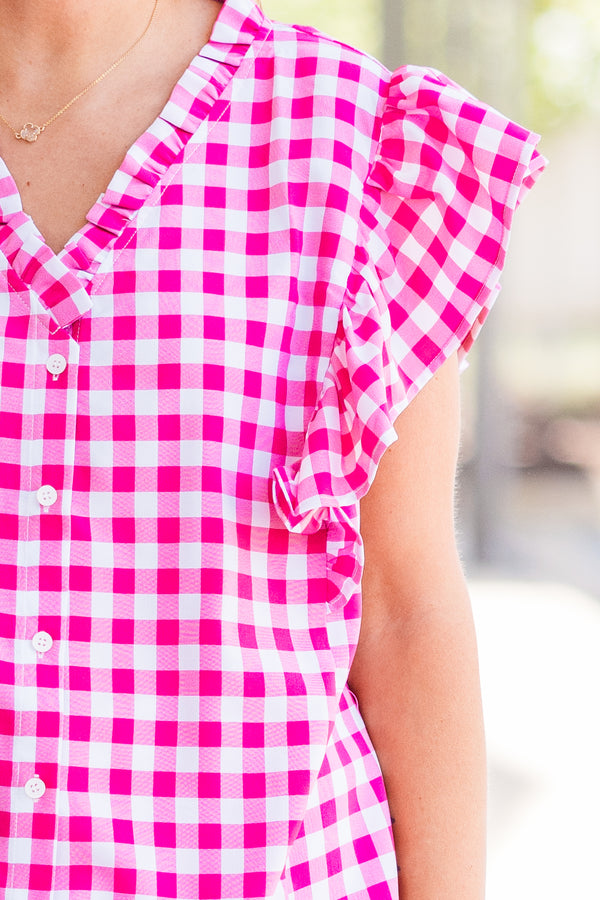 Chic Soul plus size clothing, pink and white plaid top with v-neckline and ruffled sleeves with white button details 