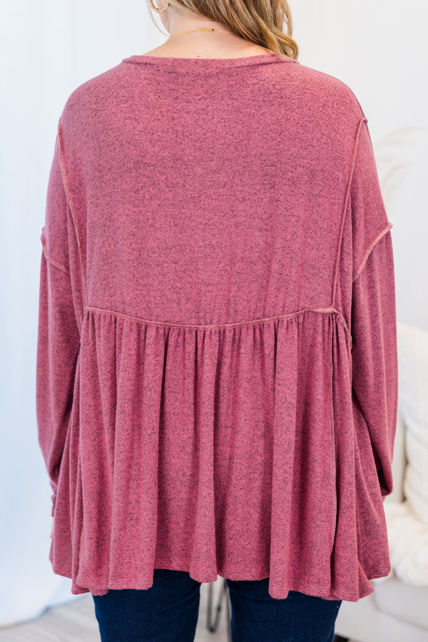 Chic Soul plus size clothing, mauve long sleeve babydoll top with ruffle detail and v neckline with straight sleeves