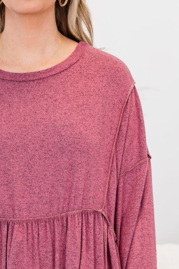 Chic Soul plus size clothing, mauve long sleeve babydoll top with ruffle detail and v neckline with straight sleeves