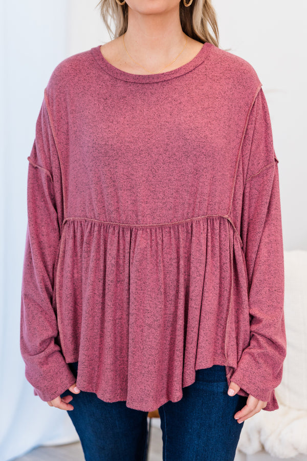 Chic Soul plus size clothing, mauve long sleeve babydoll top with ruffle detail and v neckline with straight sleeves