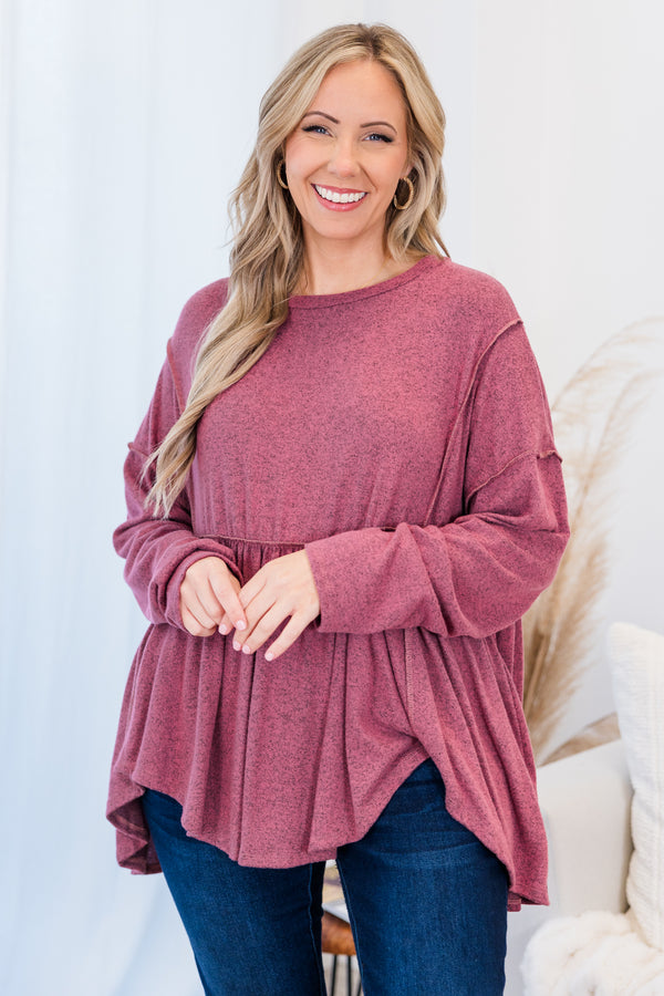 Chic Soul plus size clothing, mauve long sleeve babydoll top with ruffle detail and v neckline with straight sleeves