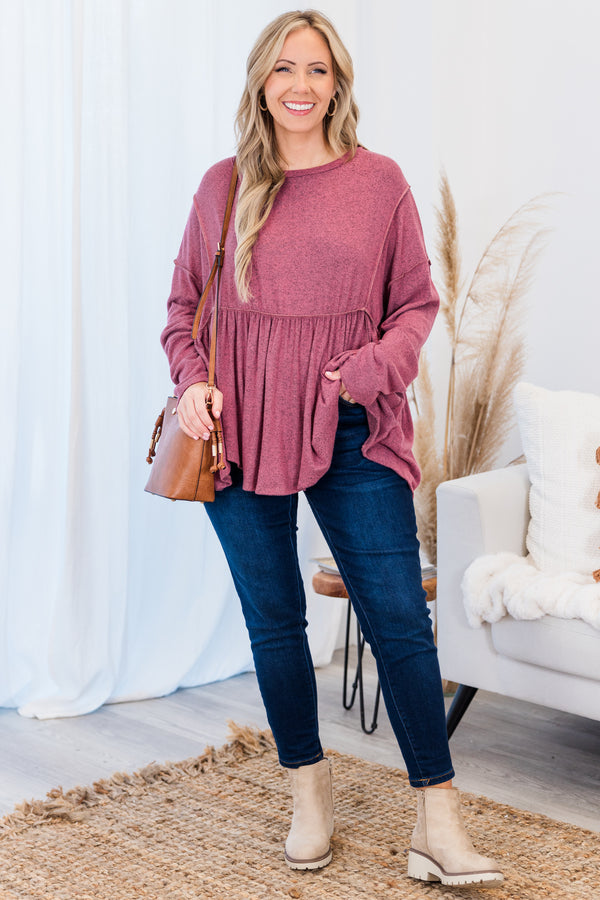 Chic Soul plus size clothing, mauve long sleeve babydoll top with ruffle detail and v neckline with straight sleeves