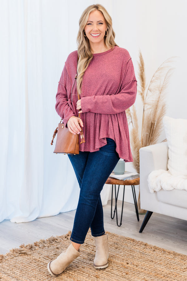 Chic Soul plus size clothing, mauve long sleeve babydoll top with ruffle detail and v neckline with straight sleeves