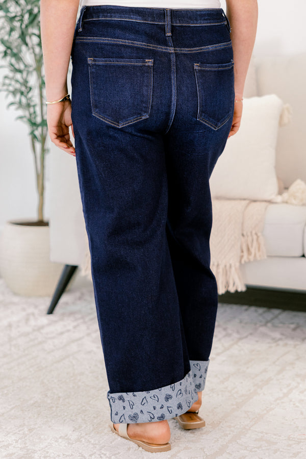 Chic Soul plus size clothing, dark wash straight leg cuffed jeans with heart pattern on the cuffs