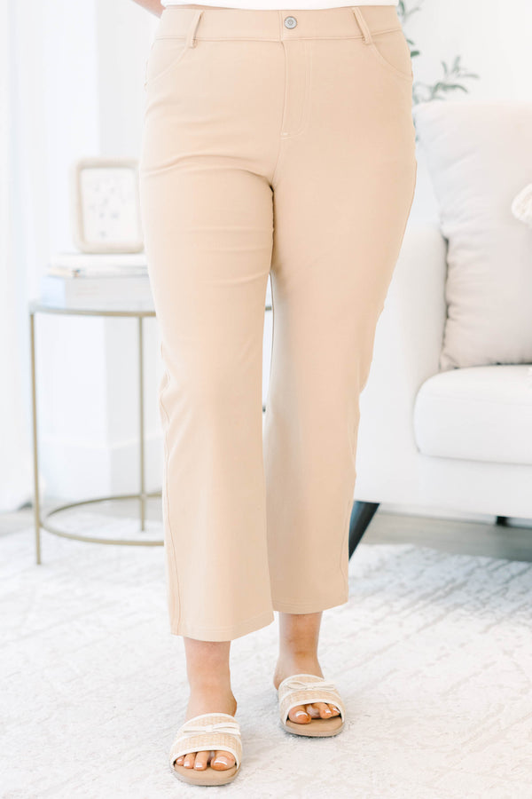 Plus Size camel-colored cropped pants with a straight-leg fit and classic five-pocket styling.