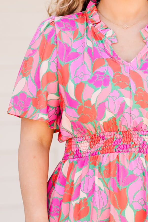 Chic Soul plus size clothing, pink multi floral print maxi dress with short flowy sleeves with v neckline and synched waist