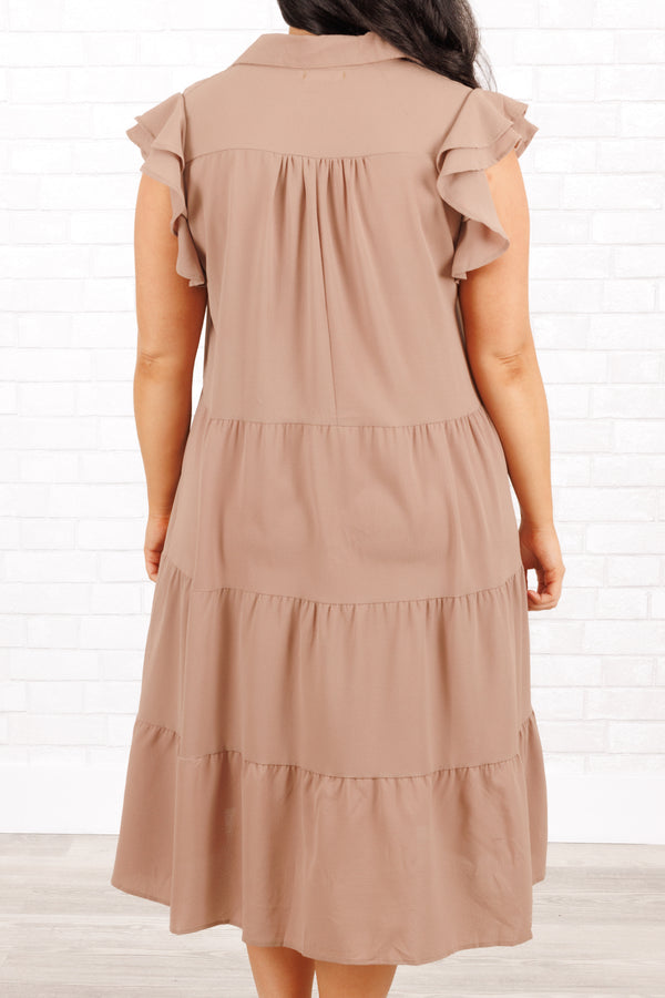 Chic Soul plus size clothing, mocha-colored flowy dress with ruffle tank sleeves
