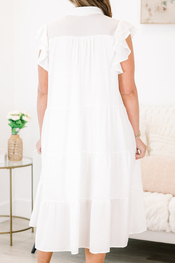 Chic Soul plus size clothing, white tiered flowy dress with ruffles on sleeves