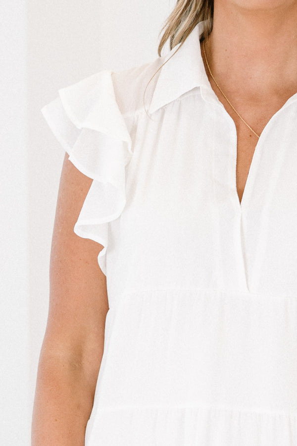 Chic Soul plus size clothing, white tiered flowy dress with ruffles on sleeves