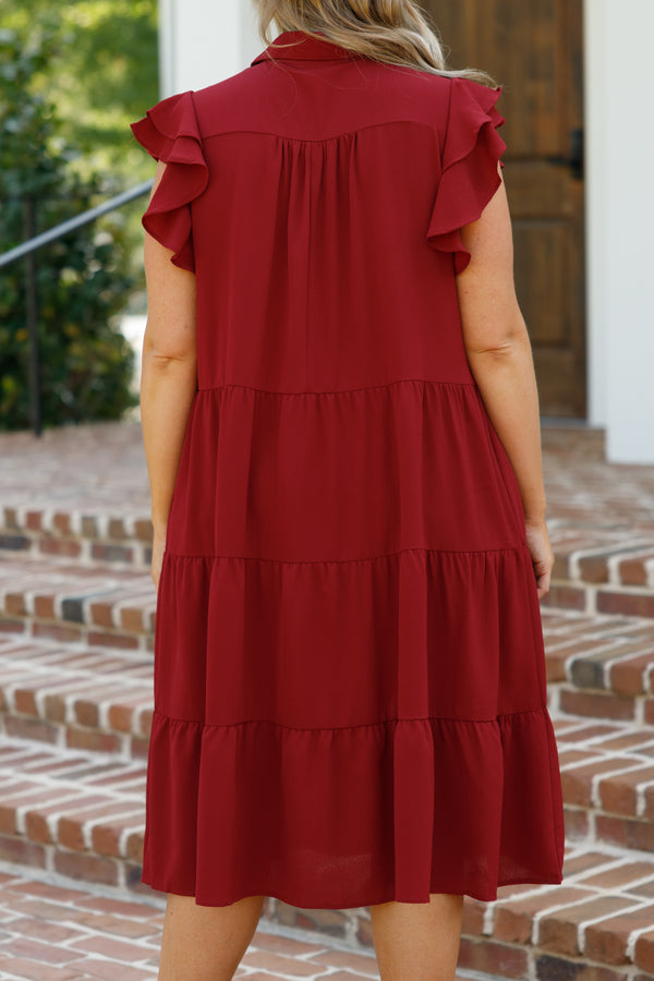 Chic Soul plus size clothing, wine red flowy tiered midi dress with ruffle sleeves and a collar