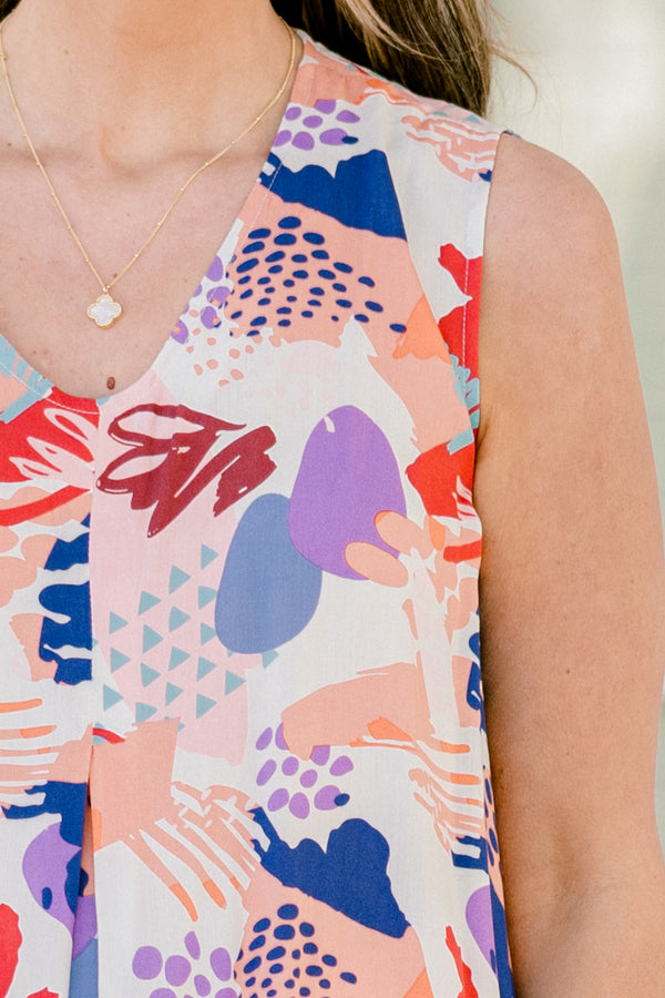 Chic Soul plus size clothing, peach sleeveless tank top with rounded v neckline with abstract multicolored large print 