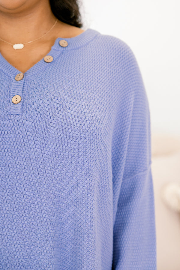Chic Soul plus size clothing, blue textured 1/4 button pullover sweater