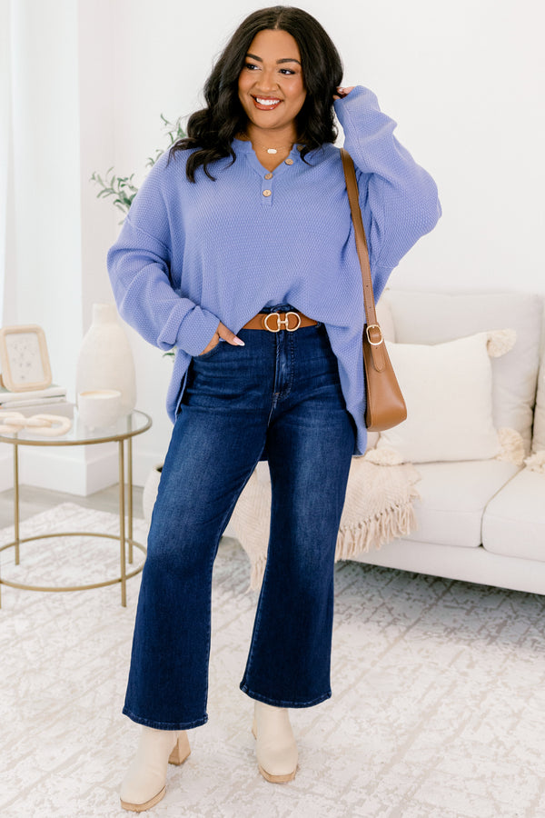 Chic Soul plus size clothing, blue textured 1/4 button pullover sweater