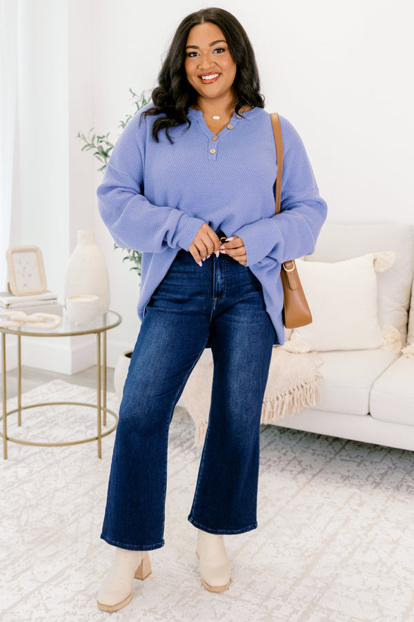 Chic Soul plus size clothing, blue textured 1/4 button pullover sweater