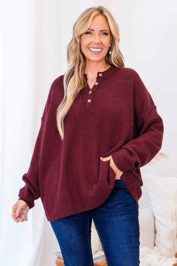 Chic Soul plus size clothing, long-sleeve burgundy henley sweater with brown button detailing 