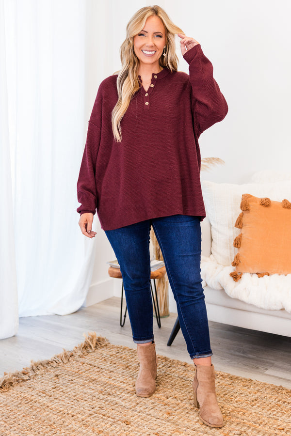 Chic Soul plus size clothing, long-sleeve burgundy henley sweater with brown button detailing 