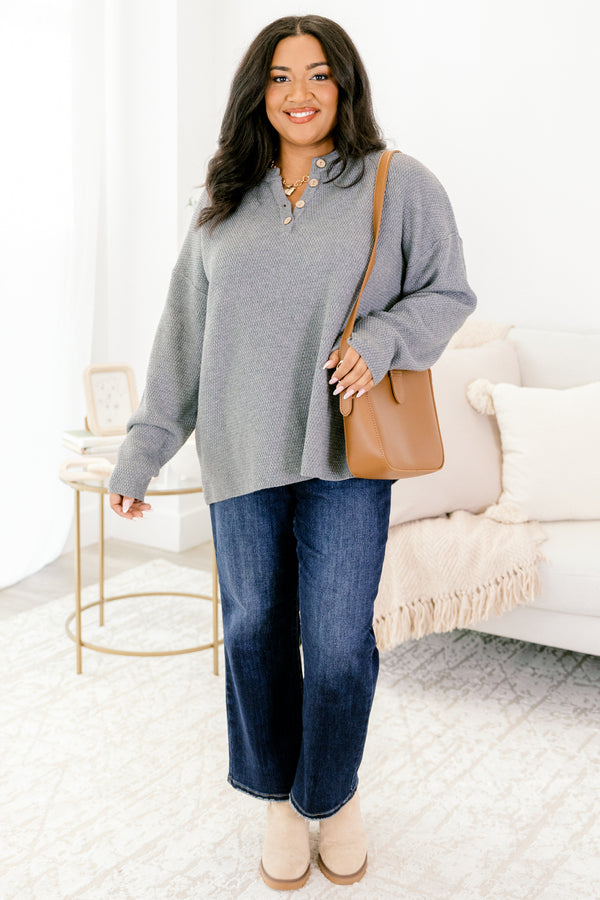 Chic Soul plus size clothing, gray long sleeve sweater with four wooden buttons at the top of the v-neckline