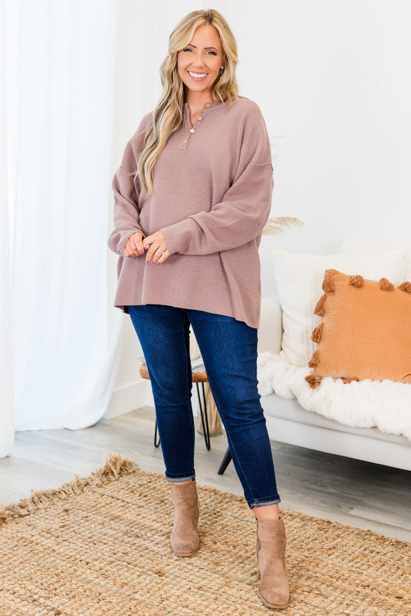 Plus Size taupe knit sweater with a buttoned henley neckline and drop shoulder long sleeves.