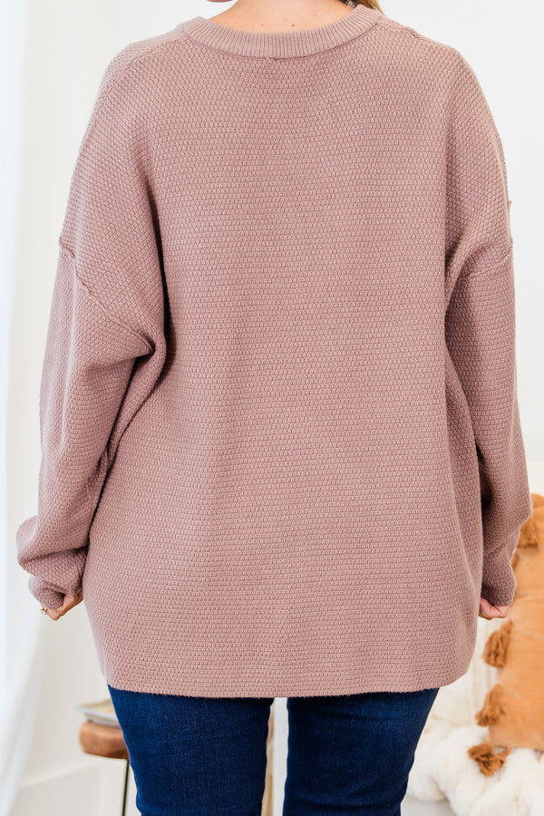 Plus Size taupe knit sweater with a buttoned henley neckline and drop shoulder long sleeves.
