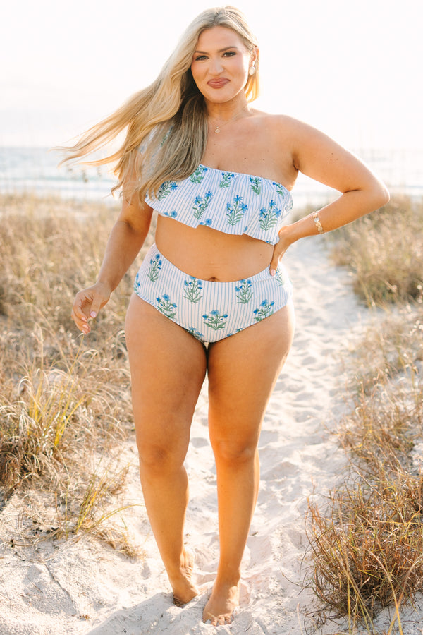 Chic Soul plus size clothing, high waisted swim bottoms with blue stripes along with a floral block pattern on the front and back 