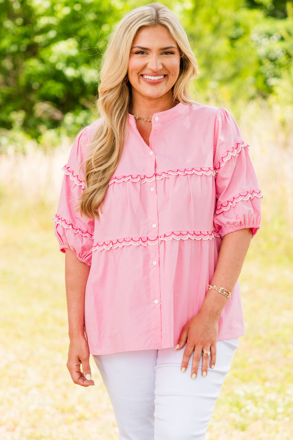 Chic Soul plus size clothing, bubblegum pink buttoned blouse with short bubble sleeves and scalloped detailing