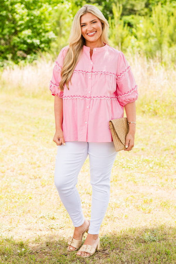 Chic Soul plus size clothing, bubblegum pink buttoned blouse with short bubble sleeves and scalloped detailing