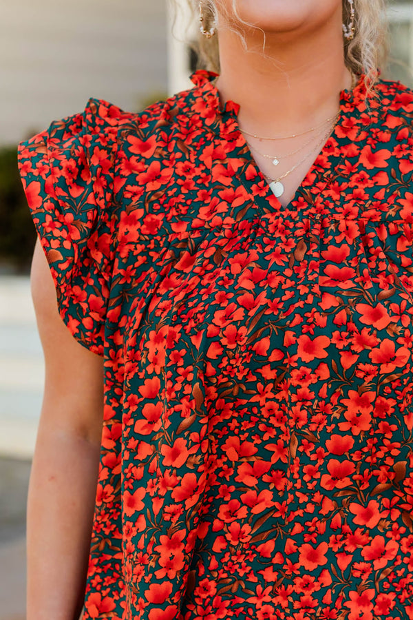 Chic Soul plus size clothing, ruffle cap sleeve tank with mandarin floral print with v cutout neckline