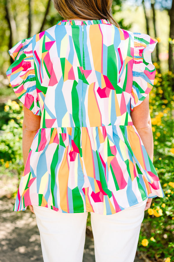 Chic Soul plus size clothing, blue pink and green abstract flutter sleeve top