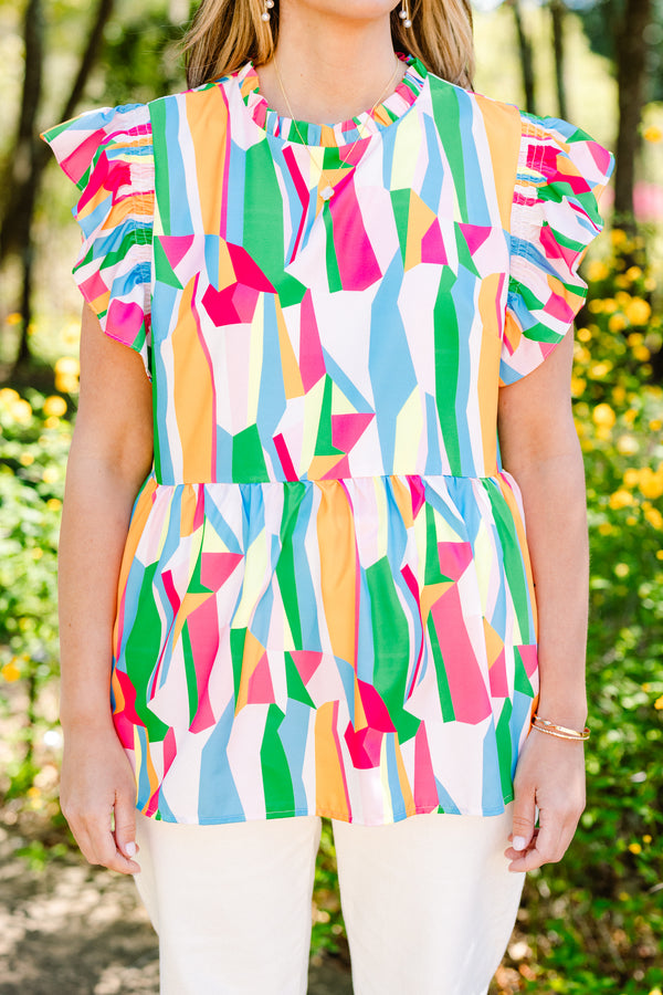 Chic Soul plus size clothing, blue pink and green abstract flutter sleeve top