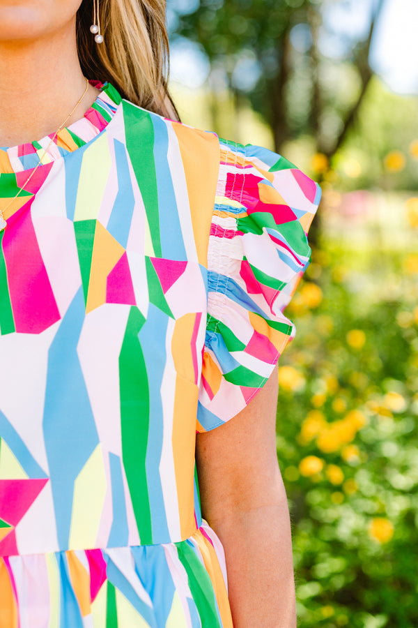 Chic Soul plus size clothing, blue pink and green abstract flutter sleeve top