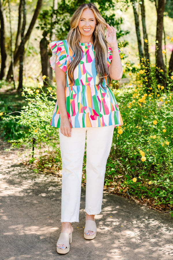 Chic Soul plus size clothing, blue pink and green abstract flutter sleeve top
