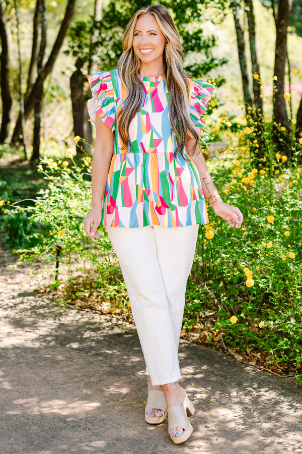 Chic Soul plus size clothing, blue pink and green abstract flutter sleeve top