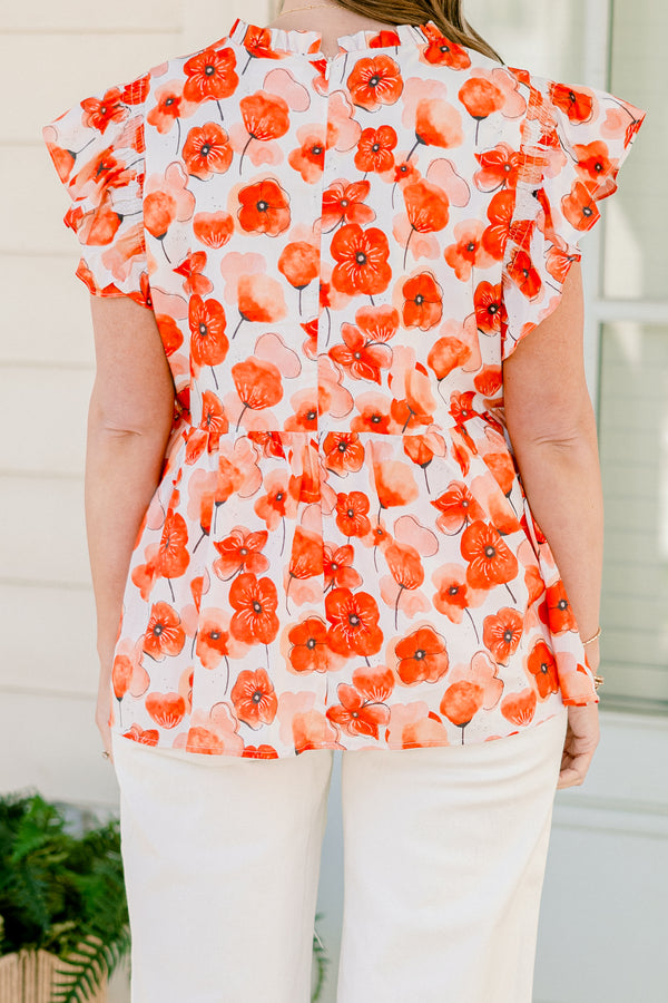 Chic Soul plus size clothing, red poppy floral print short sleeve top with babydoll style and flare ruffle sleeves with mock neck