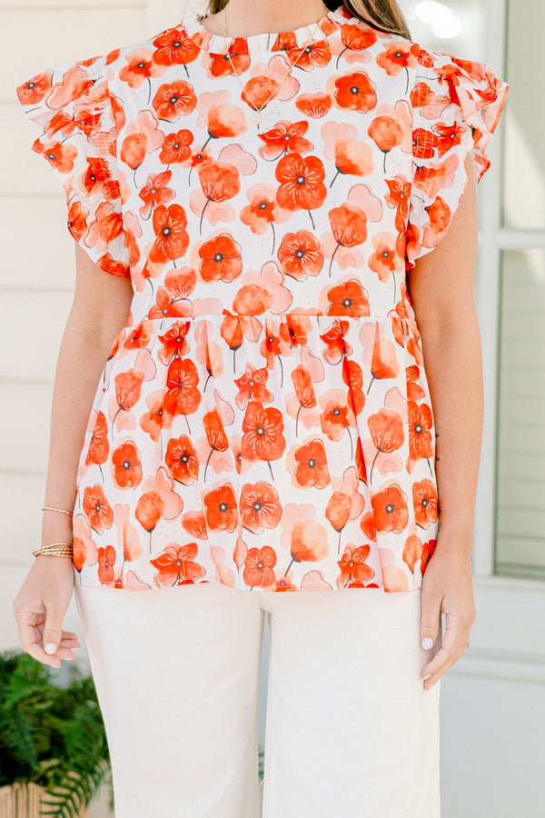 Chic Soul plus size clothing, red poppy floral print short sleeve top with babydoll style and flare ruffle sleeves with mock neck