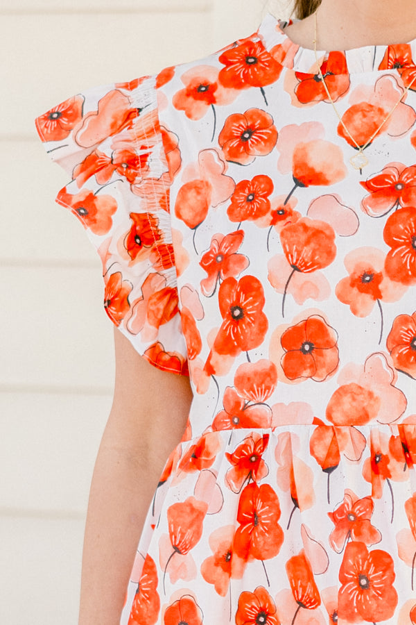 Chic Soul plus size clothing, red poppy floral print short sleeve top with babydoll style and flare ruffle sleeves with mock neck